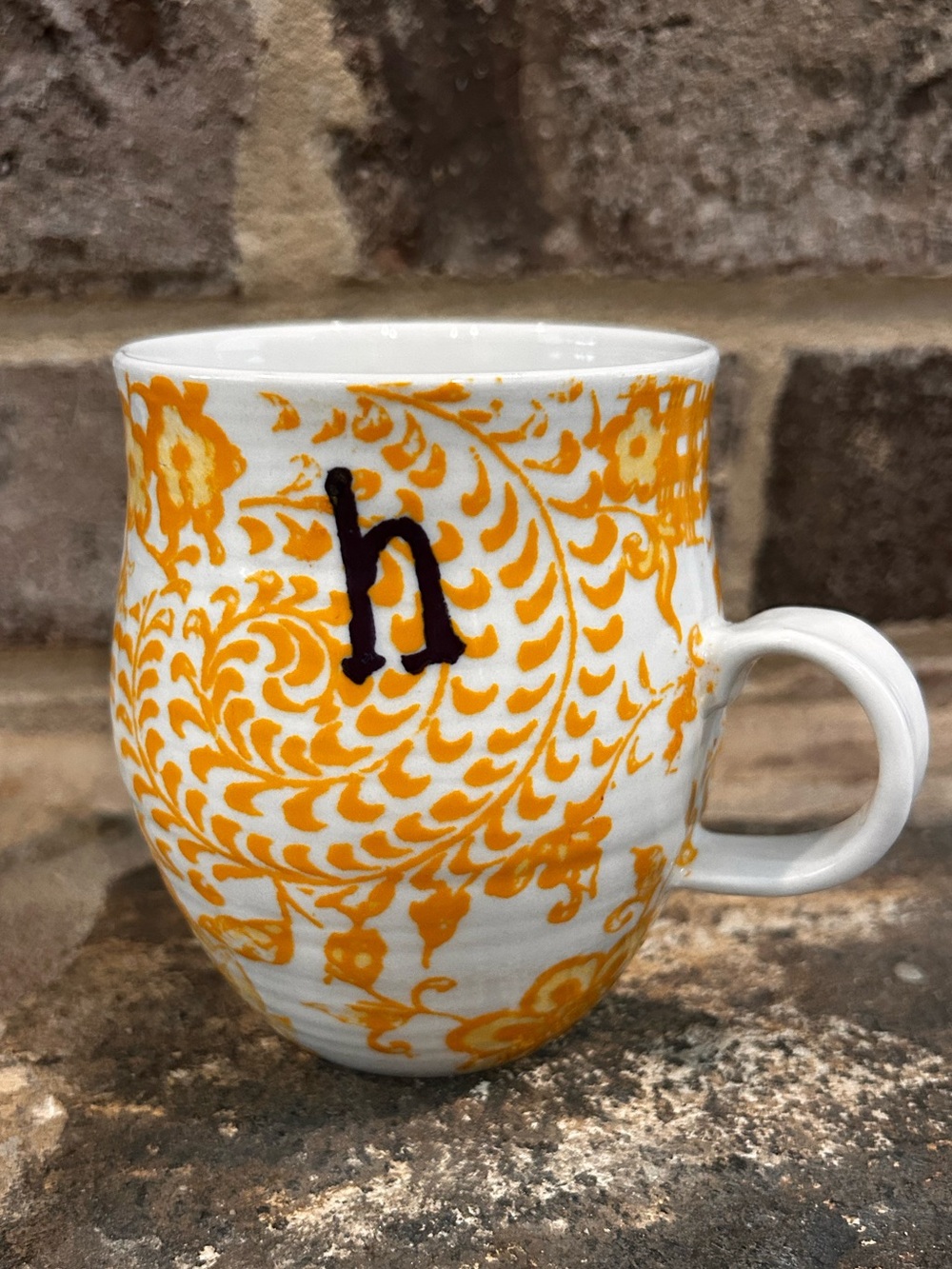 Anthropologie Homegrown White & Yellow Floral Boho Ceramic Mug Initial H